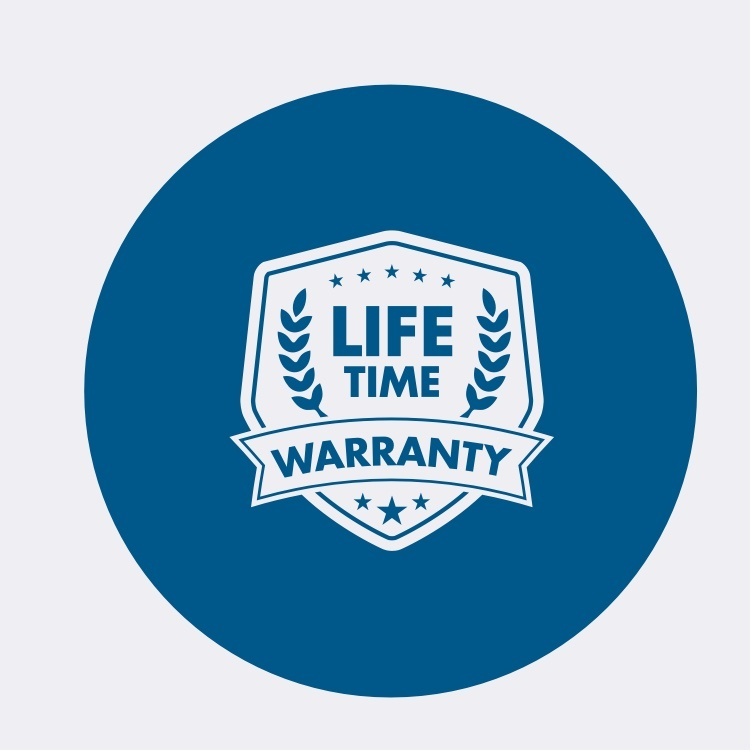 Blue circle with white lifetime warranty shield icon