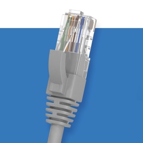 A grey cat5e patch cable on a blue background.